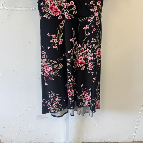 White House Black Market Floral Faux Wrap High Low Midi Dress Black Pink 4 - Image 4