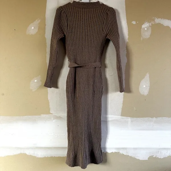 Forever 21 Ribbed Midi Sweater Dress Belted Button Up Knit Brown Small NWT - Image 4