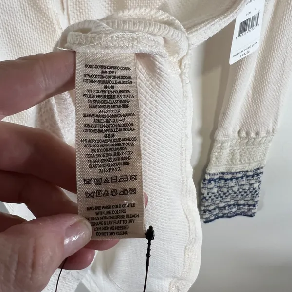 Free People Ivory Combo Henley Thermal Waffle Knit Crochet Cuff Top Large‎ Boho - Image 7