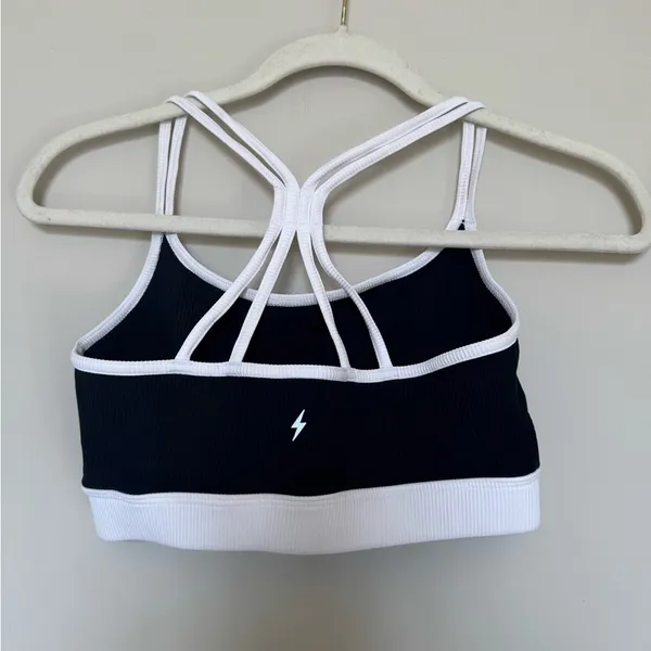 Women's Black and White Strappy Sports Bra - Image 3
