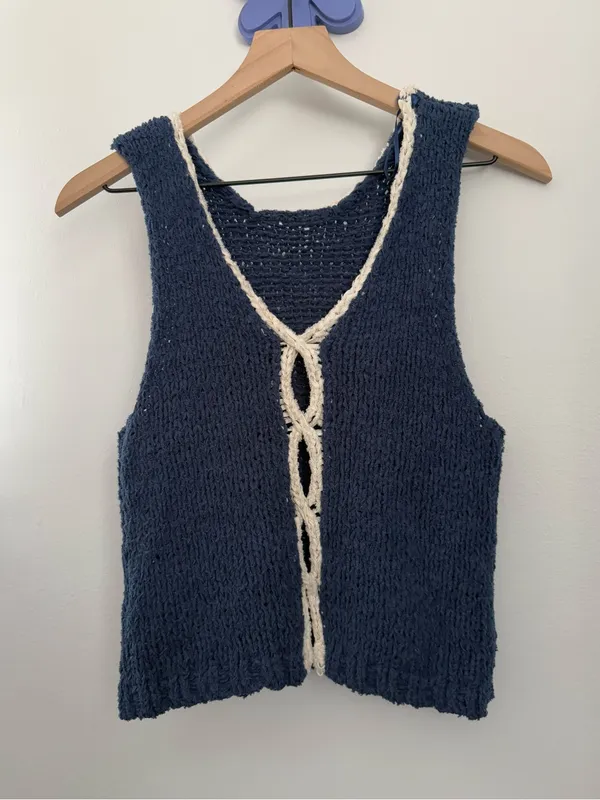 Free People XS Sicily Sweater Shell Navy Nautical Beach Coastal Knit Relaxed - Image 3