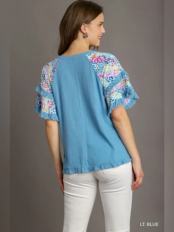 $60 NWOT Umgee LinenBlend Raw FringeHem TUNIC animal print colorful spots M - Image 2