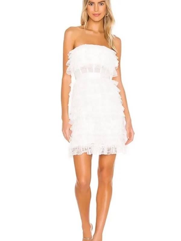 NWT BCBG MaxAzria Tulle Lace Strapless Ruffle Mini Dress Off White Bridal Size 6 - Image 6