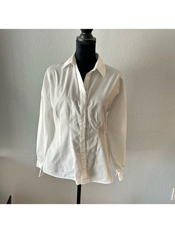 Reclaimed Vintage White Cotton Preppy Shirt Balloon Sleeves US4 - Image 2