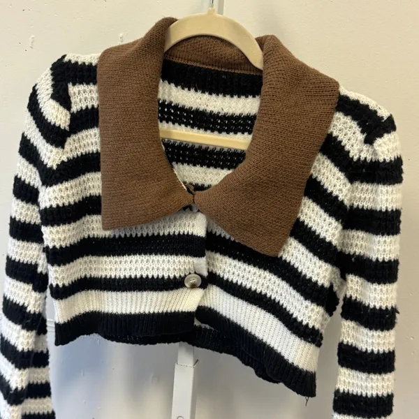 Storets Black White Striped Cropped Cardigan Brown Collar S/M Contemporary - Image 4