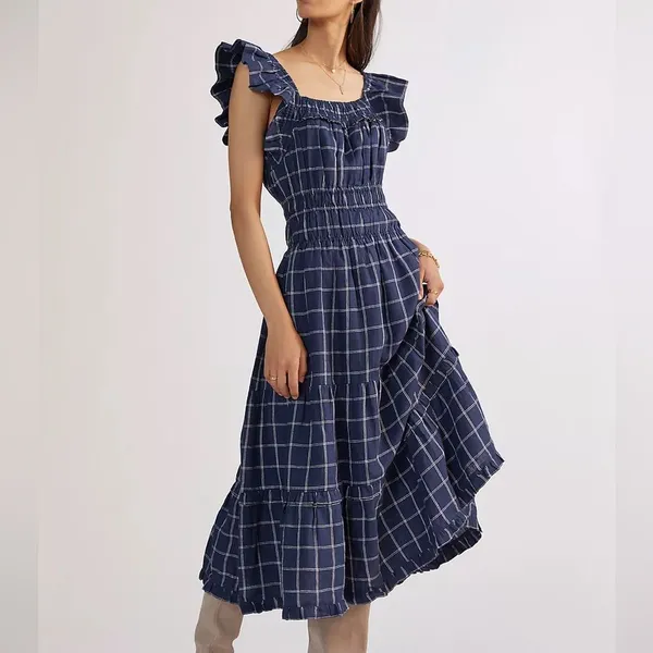 Anthropologie Magali Pascal Ruffled Linen Midi Dress Windowpane Large Wedding - Image 12