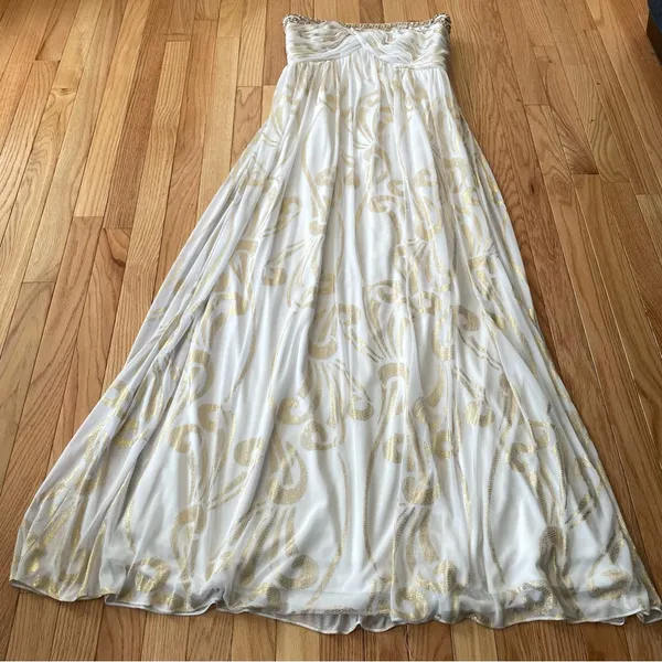 Ethereal Grecian Strapless Maxi Dress Womens 12 White Gold Beaded Formal Gown - Image 3