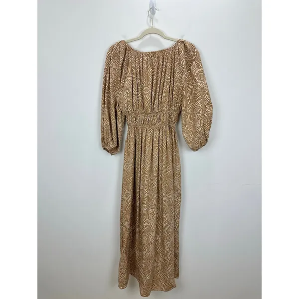 Madewell V Neck Balloon Sleeve Maxi Dress Spiral Dot Tan Smocked Boho US 00 NWT - Image 14