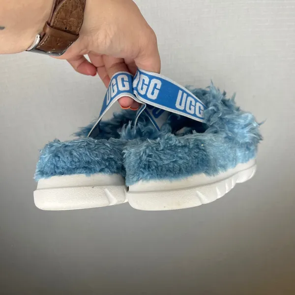 UGG Fluffita Blue Shaggy Faux Fur Platform Slingback Slide Sandals Womens 7 - Image 4