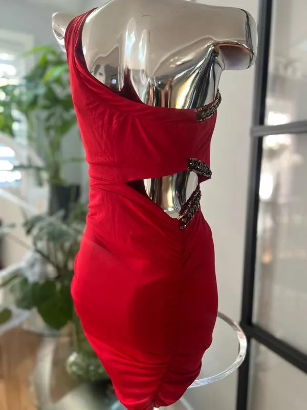 Bebe Red One-Shoulder Beaded Waist Cocktail Dressw - Image 4