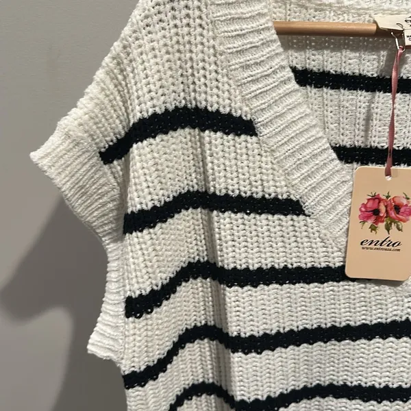 Entro Large Stripe Knit Cap Short Sleeve Sweater Top‎ - Image 7