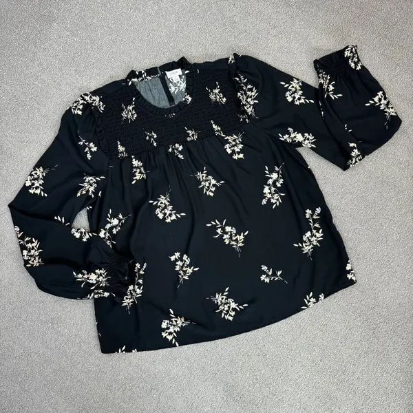 J. Crew Floral Smocked Ruffle Trim Blouse Black‎ Tan Large - Image 12