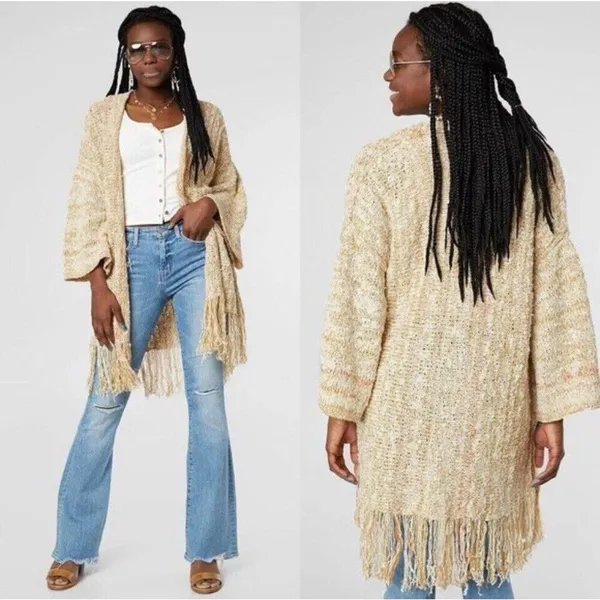 Free People fringe knit Duster Poncho Lucia Size Small Boho Festival Cardigan - Image 2