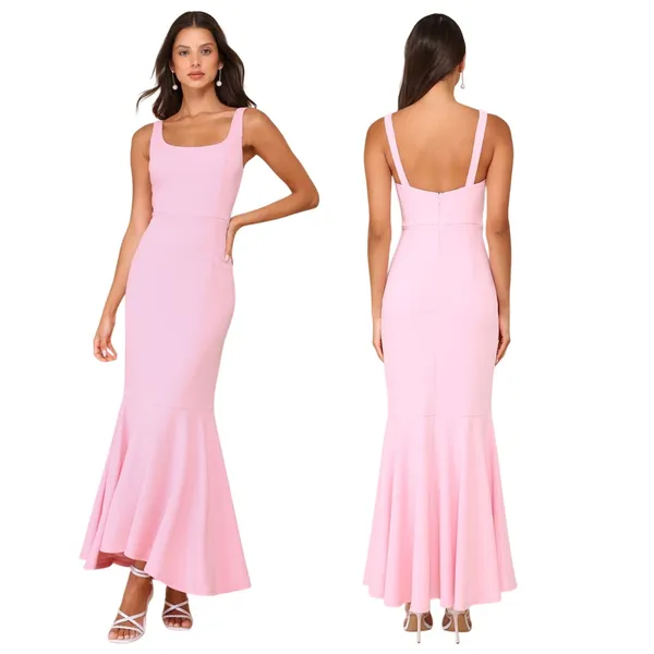 Lulus Romantic Destiny Light Pink Square Neck Trumpet Maxi Dress size Small NWT - Image 2