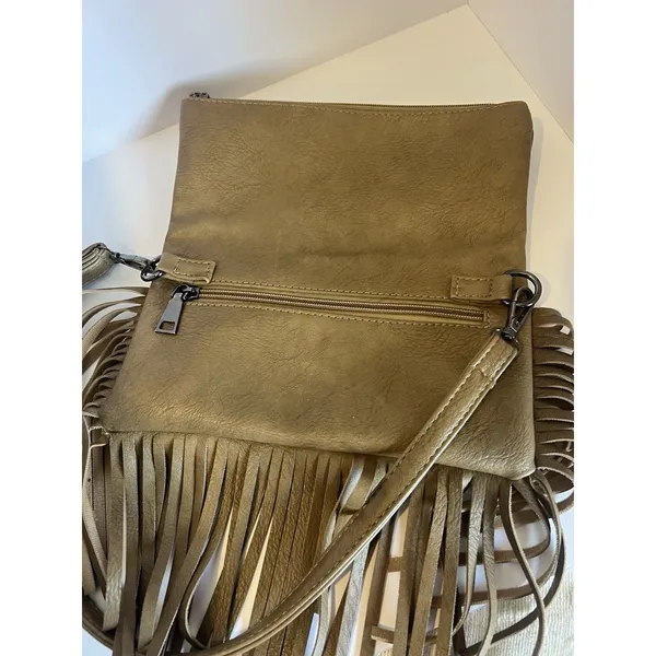 Tan Bohemian Fringe Crossbody Bag Zip Closure Detachable Adjustable Strap - Image 2