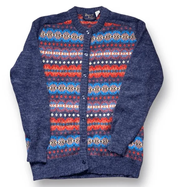 Vintage Fair‎ Isle Cardigan Sweater Navy Red Nordic Preppy Medium Heritage Knit - Image 2
