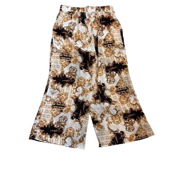 TIMING Wide Leg Pants Womens Size M White Gold‎ Black Baroque Scroll Print NEW - Image 2