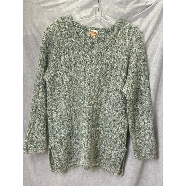 Vintage 90s All Points Green Marled Silk Blend Textured V Neck Sweater M - Image 3