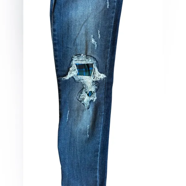 JUDY BLUE Green Blue Plaid Patch Skinny Fit Jeans Size 0/24 Women’s‎ - Image 3