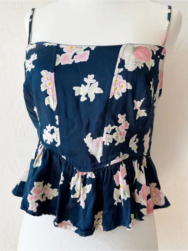 free people navy blue pink floral babydoll tank - Image 2