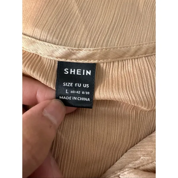 SHEIN Champagne Gold Satin Ruffle Blouse Womens Size Large L Long Balloon Sleeve - Image 5