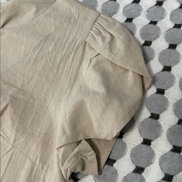 Beige Short Sleeve Blouse with Button Accents Tan Size L - Image 3