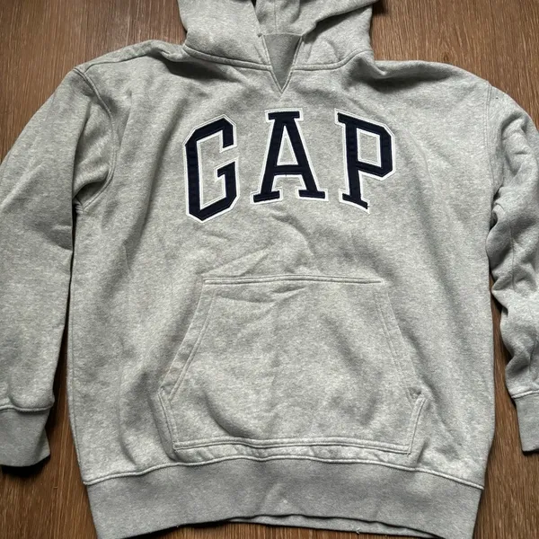 GAP Light Grey & Navy Embroidered Spell out Pullover Hoodie Fleece Lined Medium - Image 4
