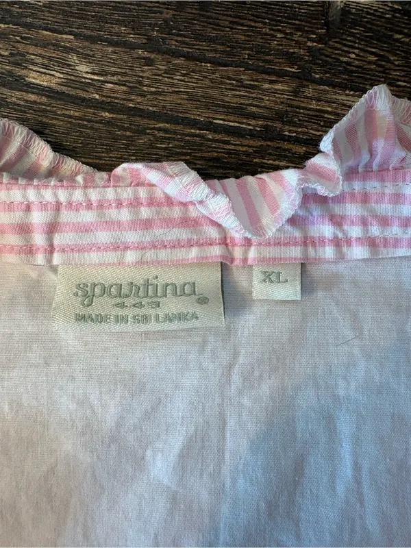 Spartina 449 Babydoll Dress Women XL Pink‎ White Tiered Ruffle Notch Neck - Image 4