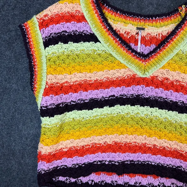 Free People Striped Sweater Vest V-Neck Multicolored Knit Boho L Hippie Festival - Image 7