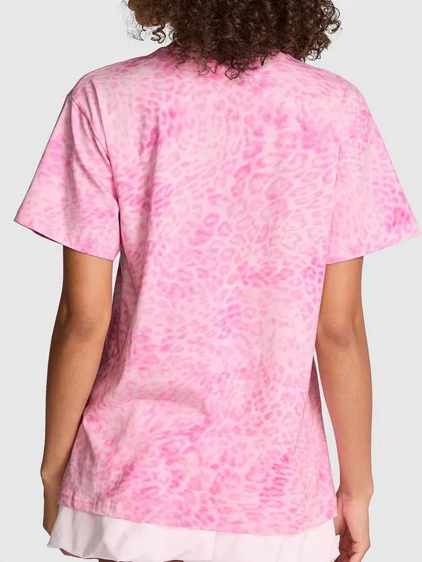 👚🐆PINK VICTORIA’S SECRET Campus Cotton Oversized Tee Pink Leopard LARGE - Image 3