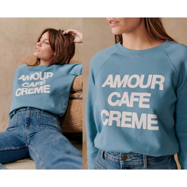 Sezane Sézane | Amour Cafe Creme Sweatshirt Blue Ecru Graphic | Sz S - Image 2