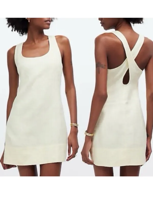 Madewell Cross-Back A-Line Mini Linen Dress in Pale Pineapple Yellow Size 00 - Image 10