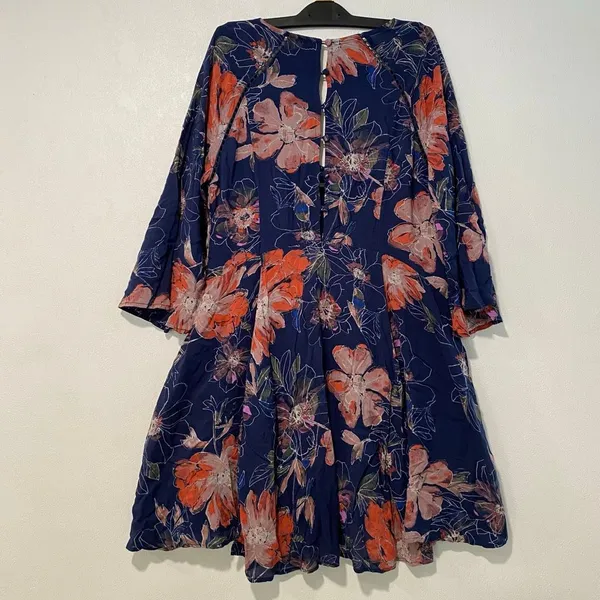 Free People Floral Boho Mini Dress Size 2 Navy Bell Sleeve Cutout Back - Image 2