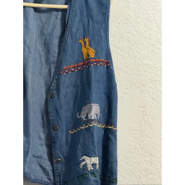 Cherokee Denim Vest Embroidered Animals Noah's Ark Novelty XL - Image 2