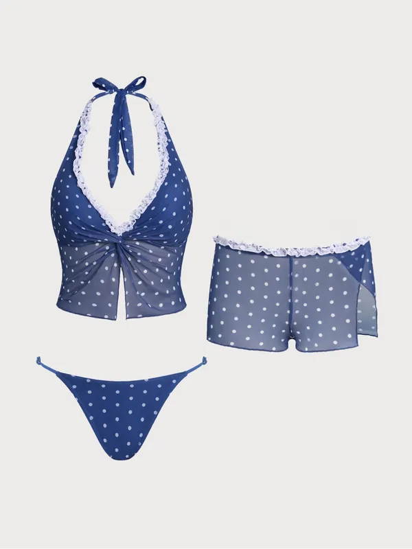 Samiol 3-piece Navy Polka Dot Halter Tankini Set with Ruffle Trim - Image 6