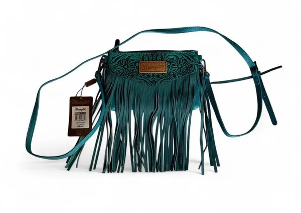 NWT Wrangler Turquoise Tooled Fringe Crossbody Bag - Image 2