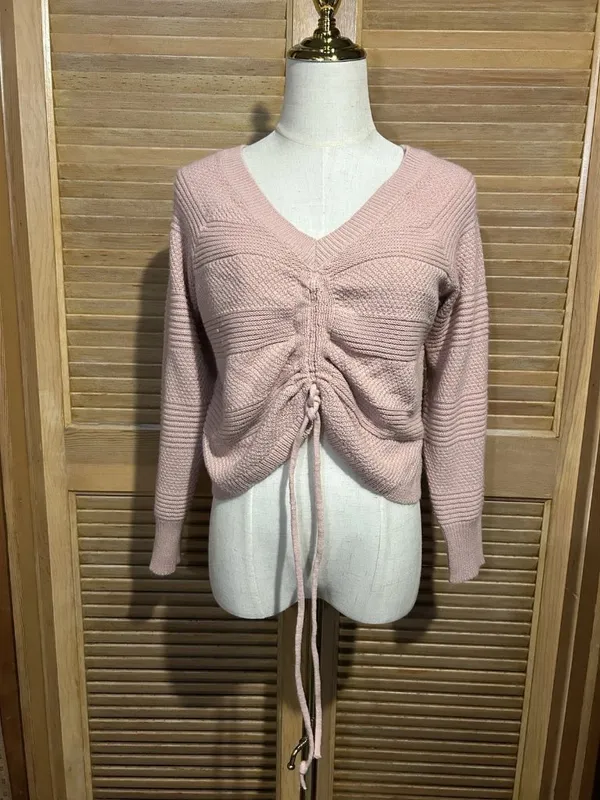 Full Circle Trends Pink Knit V-Neck Drawstring Front Long Sleeve Pullover - Image 3