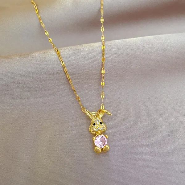 18K Gold Plated Bunny Pendant Necklace for Women,Pink Crystal Rabbit Necklace - Image 2