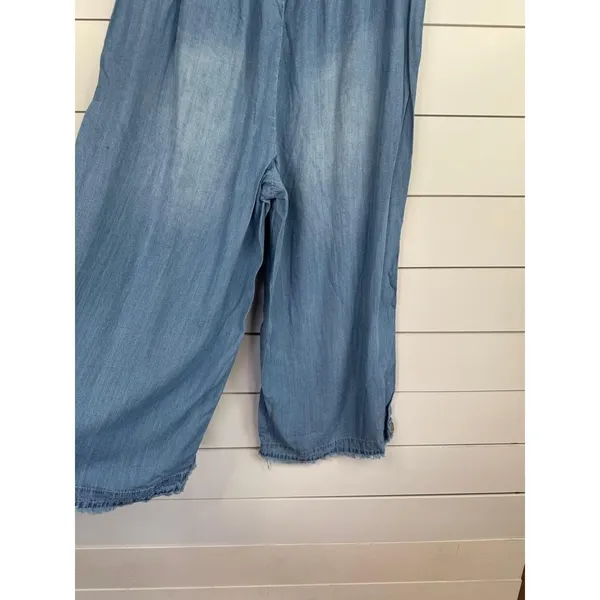 For The Republic Chambray Size M Wide Leg Side Button Frayed Hem Ankle - Image 7