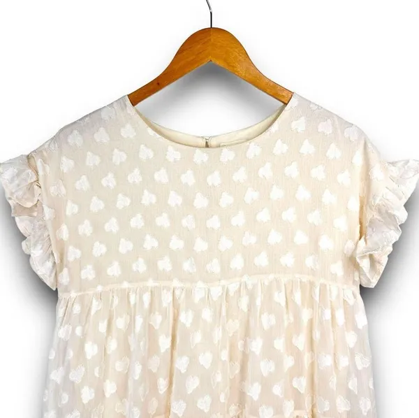 Aaron & Amber Casual Short Sleeve Ruffle Babydoll Dress Knee Length Cream Small - Image 2