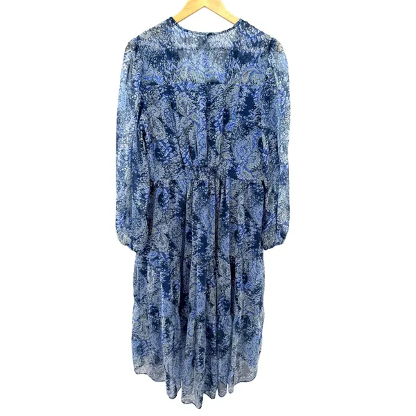 Joie Parisian Paisley Blue Tiered Midi‎ Dress V-Neck Long Sleeve Womens L Flowy - Image 6