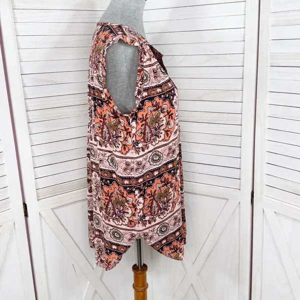 Loft Boho Floral Split Neck Sleeveless Tunic Tank Top Shirt Peach‎ Coral Medium - Image 4