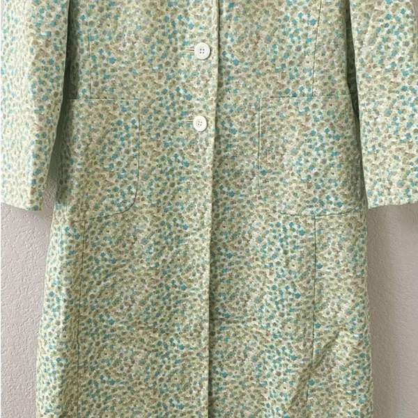 Vintage 90s Express Green Blue White Splatter Trench Coat Jacket Floral Spring - Image 2