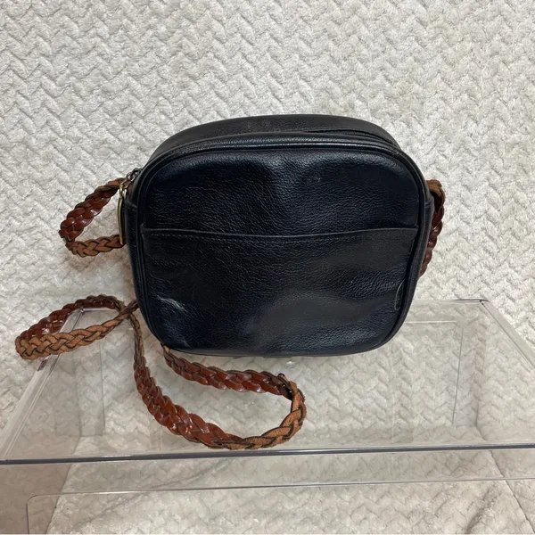 Vintage LJS Collection Small Black Crossbody Bag Brown Braided Strap 90s Classic - Image 5