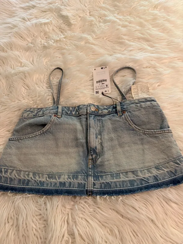 ZARA Light Blue Denim Mini Shirt with Straps size S brand new length 10” - Image 5