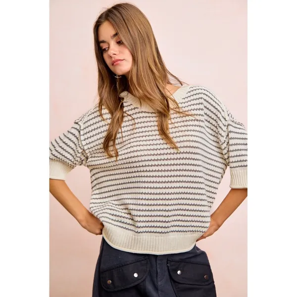 BiBi Stripes Short Sleeves Rib Banded Outseam Knit Top‎ - Cream/Grey - Medium - Image 11