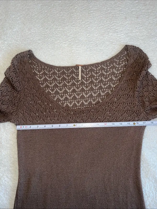 Free People Brown Crochet Knit Boho Whimsigoth Mini‎ Dress Size M - Image 3