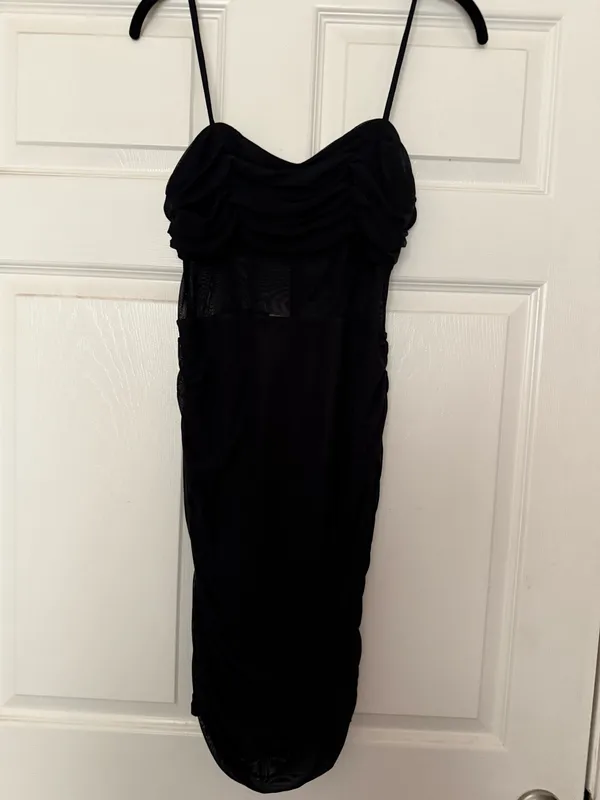 Women's Black Ruched Mesh Mini Dress - Elegant Evening Spaghetti Strap - Image 3