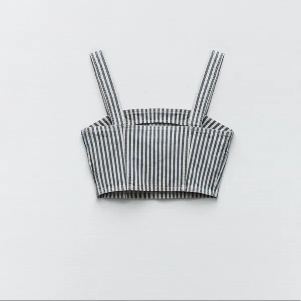 NWT Zara Striped Denim Crop Top in‎ Blue White Size Extra Small - Image 5