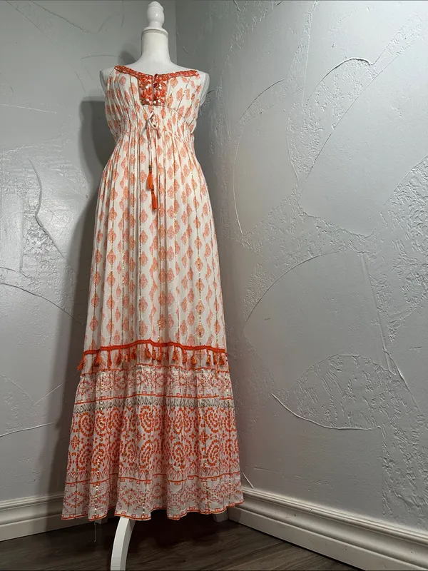 Me 2 Magic Boho Maxi Dress Orange White Embroidered V-Neck Fringe. - Image 11